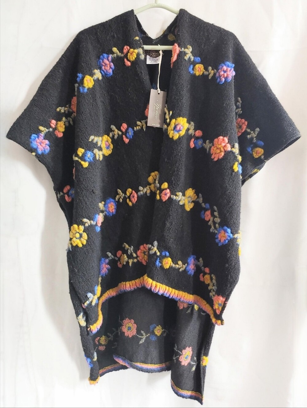 Iperico Maglificio Black Wool Poncho/ Ruana w/ Colorful Flowers O/S vintage look